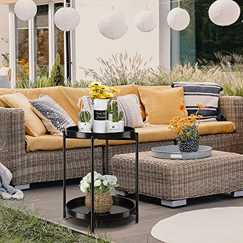 danpinera 2-Tier Round Side Table, Metal End Table with Removable Tray, Small Outdoor Table Folding Accent Table, Anti-Rust Black Nightstand for Bedroom Balcony Patio (Black)