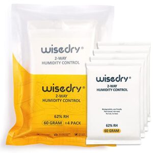 wisedry 62% humidity packs - 4 pcs 60 gram two way moisture control packets - no liquid leakage, individually wrapped