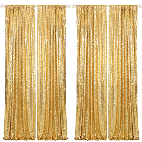 HELAKU Gold Sequin Backdrop Curtains - 4 Panels 2.5x8ft Sequin Backdrop Gold Backdrop Curtains for Wedding Birthday Party Decoration Glitter Backdrop Curtains