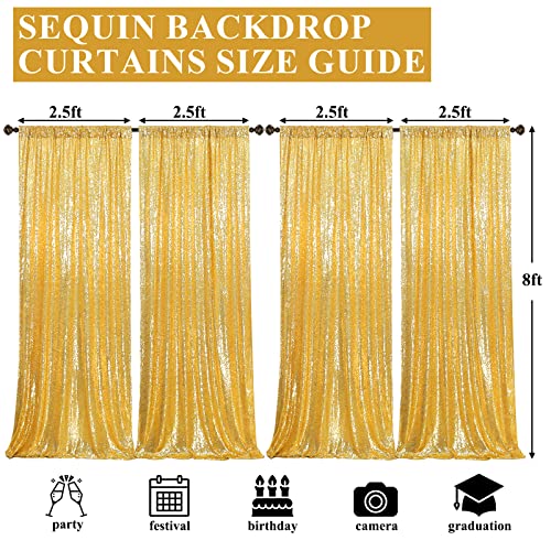 HELAKU Gold Sequin Backdrop Curtains - 4 Panels 2.5x8ft Sequin Backdrop Gold Backdrop Curtains for Wedding Birthday Party Decoration Glitter Backdrop Curtains