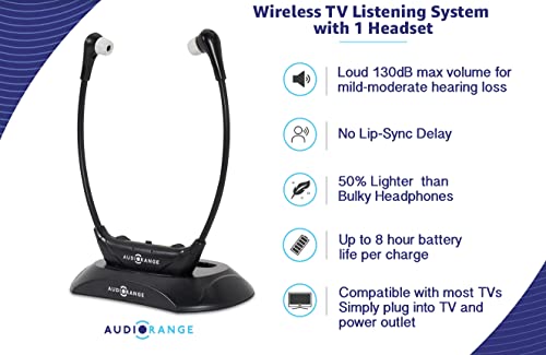 AudioRange 【New Model】 Seniors & Hard of Hearing | Wireless TV Headset Delay-Free, Lightweight, Comfortable, Rechargeable in-Ear Headphones for TV Watching, Television Amplifier, RF Headphones