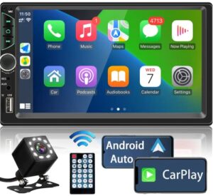 double din car stereo compatible with apple carplay and android auto,7 inch hd touch screen car radio with bluetooth,car audio receiver with backup camera,mirror link,fm/usb/tf/aux/subwoofer