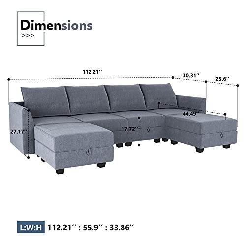 HONBAY Modern U-Shaped Modular Sectional Sofa Sleeper Couch with Reversible Chaise Modular Sofa Couch with Storage Seats, Bluish Grey