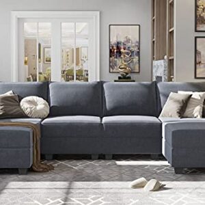 HONBAY Modern U-Shaped Modular Sectional Sofa Sleeper Couch with Reversible Chaise Modular Sofa Couch with Storage Seats, Bluish Grey