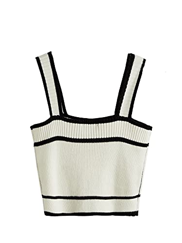 SweatyRocks Women's Sleeveless Ribbed Knit Spaghetti Strap Crop Cami Tank Top Black White M