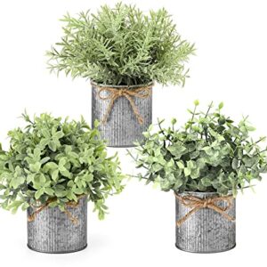 Mkono Mini Fake Plants in Farmhouse Galvanized Metal Pots Table Centerpiece Rustic Home Decor, 3 Pack Lightweight Potted Artificial Plants Faux Eucalyptus for Indoor Shelf Dining Room Office Decor