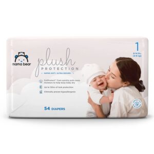 amazon brand - mama bear plush protection diapers, hypoallergenic, size 1, 54 count, white and cloud dreams