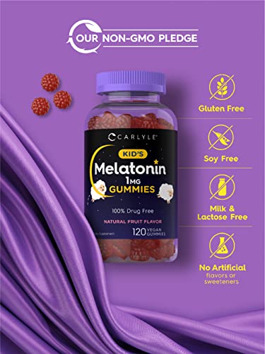 Carlyle Kids Melatonin Gummies | 1 mg 120 Count | Fruit Flavor Gummy | Vegan, Non-GMO, Gluten Free