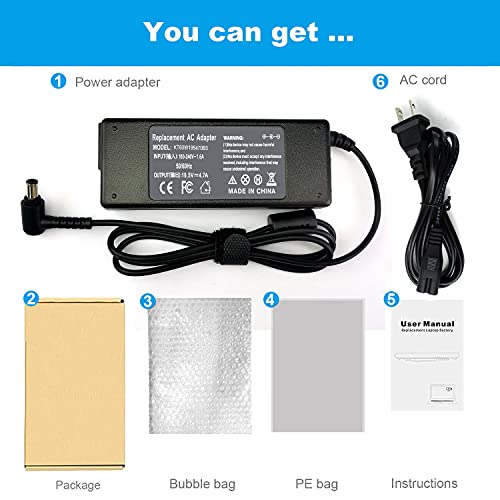 90W 19.5V 4.7A AC Adapter Laptop Charger Replacement for Sony Vaio PCG-3J1L VPCCW21FX VGN-CR240E VPCF236FM PCG-61A14L PCGA-AC19V10 VGP-AC19V10 VPCEH11FX SVE14118FXW VGN-A PCG-GRX VGN-AR Sony Bravia