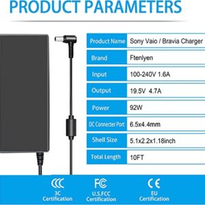 90W 19.5V 4.7A AC Adapter Laptop Charger Replacement for Sony Vaio PCG-3J1L VPCCW21FX VGN-CR240E VPCF236FM PCG-61A14L PCGA-AC19V10 VGP-AC19V10 VPCEH11FX SVE14118FXW VGN-A PCG-GRX VGN-AR Sony Bravia