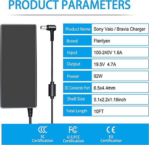 90W 19.5V 4.7A AC Adapter Laptop Charger Replacement for Sony Vaio PCG-3J1L VPCCW21FX VGN-CR240E VPCF236FM PCG-61A14L PCGA-AC19V10 VGP-AC19V10 VPCEH11FX SVE14118FXW VGN-A PCG-GRX VGN-AR Sony Bravia