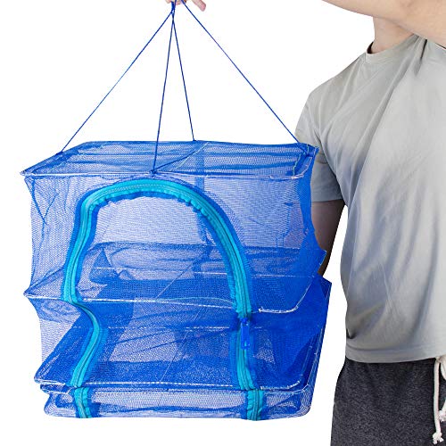 Enshey Drying Rack Folding Fish Mesh 4 Layers Fish Net 15.7X 15.7 x 25.6Inch Blue