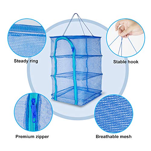 Enshey Drying Rack Folding Fish Mesh 4 Layers Fish Net 15.7X 15.7 x 25.6Inch Blue