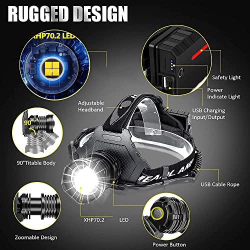 LED Rechargeable Headlamp 90000 High Lumen, XPH70 Brightest LED Work Headlight Zoomable, Waterproof, 90° Adjustable, 5 Modes Lightweight Head Lamp for Adult Camping, Hard Hat, Hunting