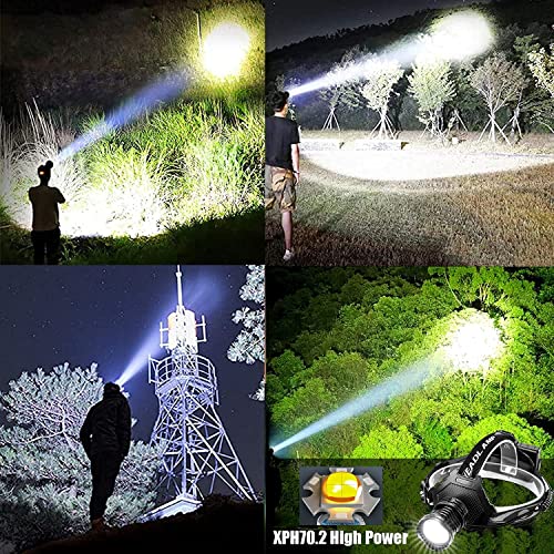 LED Rechargeable Headlamp 90000 High Lumen, XPH70 Brightest LED Work Headlight Zoomable, Waterproof, 90° Adjustable, 5 Modes Lightweight Head Lamp for Adult Camping, Hard Hat, Hunting