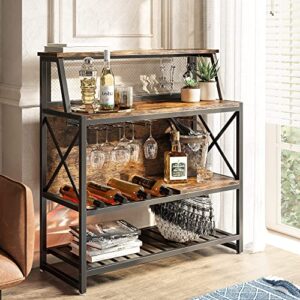 bestier bar table with storage coffee bar cabinets for liquor and glasses, wine rack freestanding floor with glass holder for home kitchen dining room basement,rustic brown