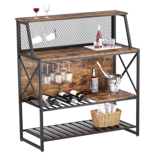 Bestier Bar Table with Storage Coffee Bar Cabinets for Liquor and Glasses, Wine Rack Freestanding Floor with Glass Holder for Home Kitchen Dining Room Basement,Rustic Brown