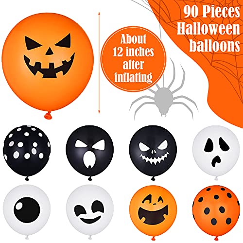 90 Pieces Halloween Balloons 12 Inches Halloween Pink Orange Black White Latex Balloons Skull, Bats, Boo Ghost Latex Balloons for Halloween Party Decoration Supplies (Classic Style)