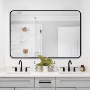 qeqrug bathroom vanity wall mirror 40x30 inch, black frame rectangular wall mounted mirror with rounded corner(horizontal/vertical), large modern black metal framed mirror
