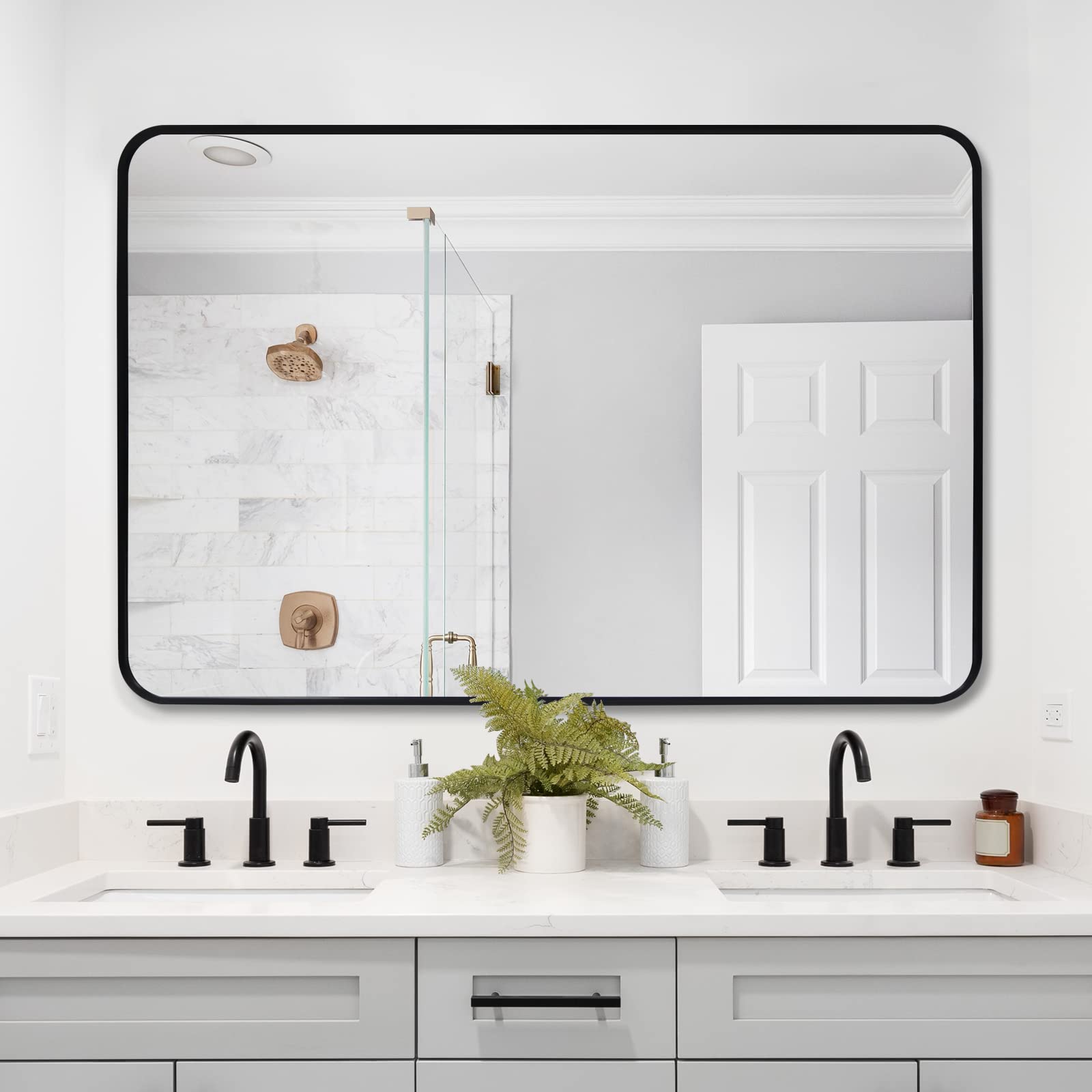 QEQRUG Bathroom Vanity Wall Mirror 40x30 Inch, Black Frame Rectangular Wall Mounted Mirror with Rounded Corner(Horizontal/Vertical), Large Modern Black Metal Framed Mirror