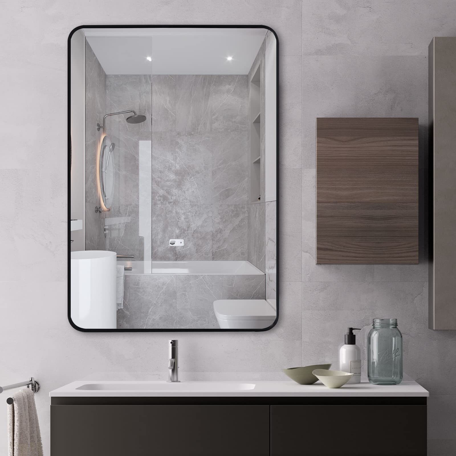 QEQRUG Bathroom Vanity Wall Mirror 40x30 Inch, Black Frame Rectangular Wall Mounted Mirror with Rounded Corner(Horizontal/Vertical), Large Modern Black Metal Framed Mirror