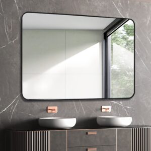 QEQRUG Bathroom Vanity Wall Mirror 40x30 Inch, Black Frame Rectangular Wall Mounted Mirror with Rounded Corner(Horizontal/Vertical), Large Modern Black Metal Framed Mirror