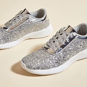 BELOS Women's Glitter Shoes Sparkly Lightweight Metallic Sequins Tennis Shoes(8.5B(M) US, Silver)