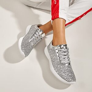 BELOS Women's Glitter Shoes Sparkly Lightweight Metallic Sequins Tennis Shoes(8.5B(M) US, Silver)