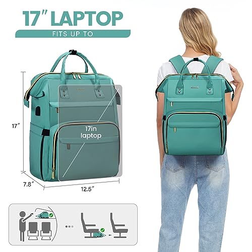 LOVEVOOK Laptop Backpack for Women,17 Inch Professional Womens Travel Backpack Purse Computer Laptop Bag Nurse Teacher Backpack,Waterproof College Work Bags Carry on Back Pack with USB Port,Mint Green