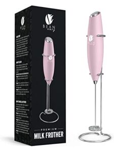 bean envy milk frother for coffee - handheld, mini electric drink mixer, foamer & frother with stand for coffee, lattes, hot chocolates and shakes - pink