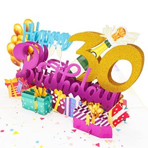 Liif Happy 30th Birthday 3D Greeting Pop Up Card, 30th Birthday Card For Him, Her, Women, Funny, Celebrations, Congrats, Thirty, Balloons, Champagne | With Message Note & Envelop | Size 8" x 6"