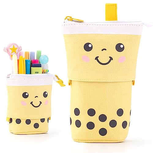 ANGOOBABY Cute Pencil Case Standing Pen Holder Telescopic Makeup Pouch Pop Up Cosmetics Bag with Kawaii Smile Face Stationery case Office Organizer Box for Girls Students Women Adult (Yellow)