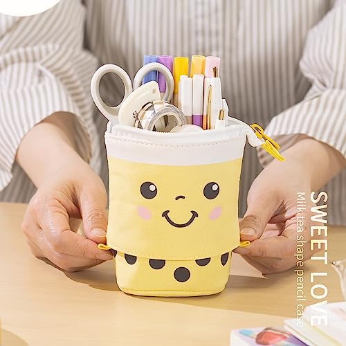 ANGOOBABY Cute Pencil Case Standing Pen Holder Telescopic Makeup Pouch Pop Up Cosmetics Bag with Kawaii Smile Face Stationery case Office Organizer Box for Girls Students Women Adult (Yellow)