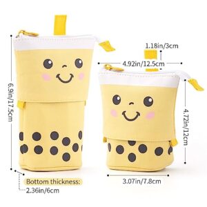 ANGOOBABY Cute Pencil Case Standing Pen Holder Telescopic Makeup Pouch Pop Up Cosmetics Bag with Kawaii Smile Face Stationery case Office Organizer Box for Girls Students Women Adult (Yellow)