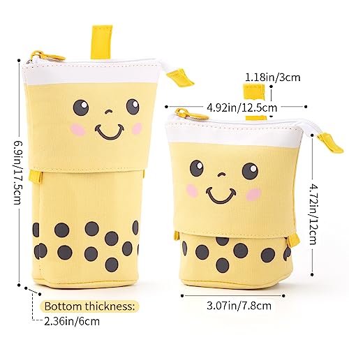 ANGOOBABY Cute Pencil Case Standing Pen Holder Telescopic Makeup Pouch Pop Up Cosmetics Bag with Kawaii Smile Face Stationery case Office Organizer Box for Girls Students Women Adult (Yellow)