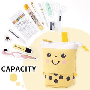 ANGOOBABY Cute Pencil Case Standing Pen Holder Telescopic Makeup Pouch Pop Up Cosmetics Bag with Kawaii Smile Face Stationery case Office Organizer Box for Girls Students Women Adult (Yellow)