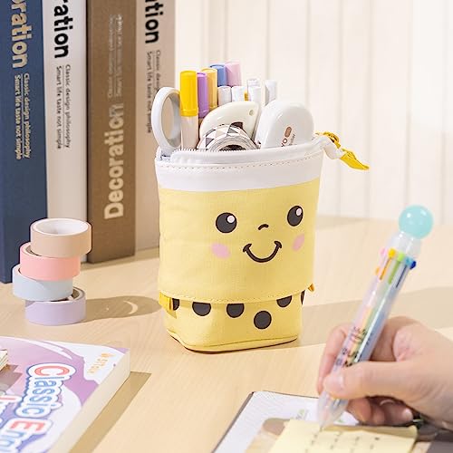 ANGOOBABY Cute Pencil Case Standing Pen Holder Telescopic Makeup Pouch Pop Up Cosmetics Bag with Kawaii Smile Face Stationery case Office Organizer Box for Girls Students Women Adult (Yellow)