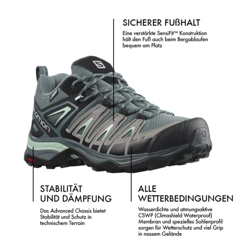 Salomon X Ultra Pioneer CLIMASALOMON Waterproof Hiking Shoes for Women, Stormy Weather/Alloy/Yucca, 7.5