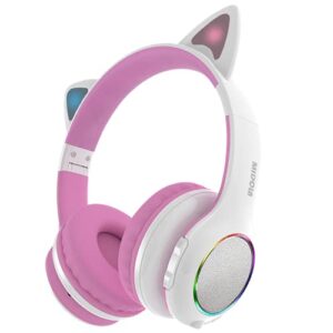 midola kids headphone bluetooth wireless or wired over ear cat light foldable stereo headset with aux 3.5mm mic volume limit 110-94 db for adult child boy girl cellphone tablets tv game white