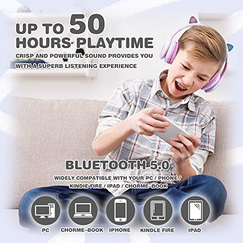 MIDOLA Kids Headphone Bluetooth Wireless or Wired Over Ear Cat Light Foldable Stereo Headset with AUX 3.5mm Mic Volume Limit 110-94 dB for Adult Child Boy Girl Cellphone Tablets TV Game White