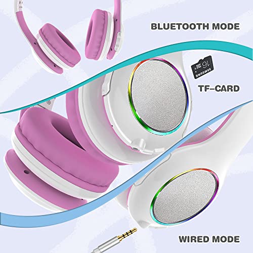 MIDOLA Kids Headphone Bluetooth Wireless or Wired Over Ear Cat Light Foldable Stereo Headset with AUX 3.5mm Mic Volume Limit 110-94 dB for Adult Child Boy Girl Cellphone Tablets TV Game White