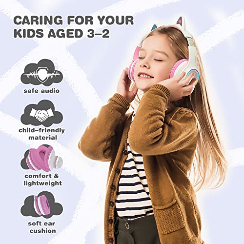 MIDOLA Kids Headphone Bluetooth Wireless or Wired Over Ear Cat Light Foldable Stereo Headset with AUX 3.5mm Mic Volume Limit 110-94 dB for Adult Child Boy Girl Cellphone Tablets TV Game White