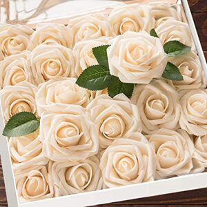 higfra artificial flowers 25pcs real looking fake roses with stems for diy wedding bouquets baby shower (champagne)