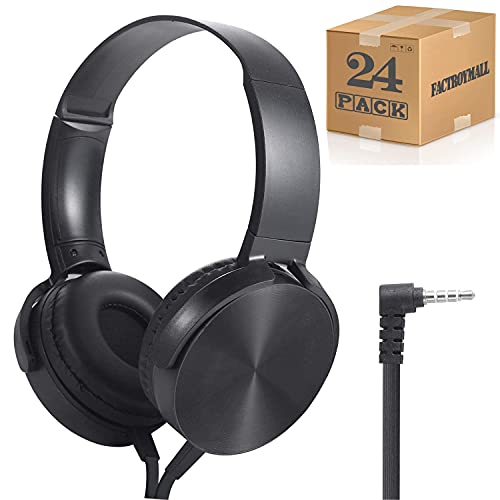 Classroom Headphones Bulk 24 Pack Wholesale Student headsets, Durable Earphones Comfy Swivel Class Set School, Library, Children, Kids for Online Learning and Travel (24 Black)