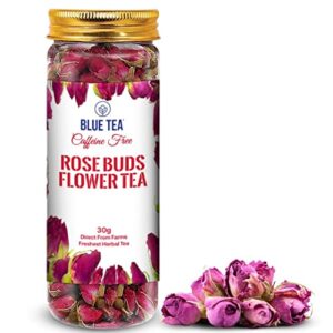 blue tea - rose buds herbal tea - 1.05 oz | grade a | detox tea | caffeine free herbal tea - vegan - gmo-free - recycled food grade pet jar