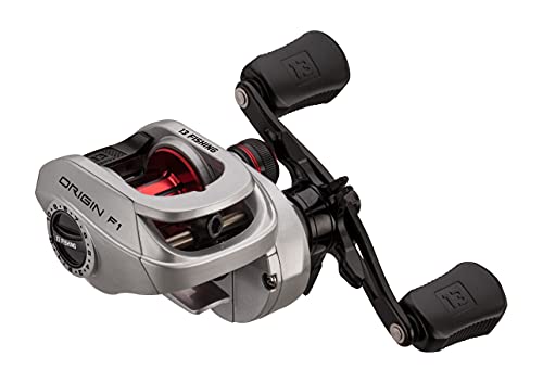 13 FISHING - Origin F1 Baitcast Reel - 6.6:1 Gear Ratio - Left Hand Retrieve (100 Size) (Fresh) - OF1-6.6-LH,Silver/Black/Red