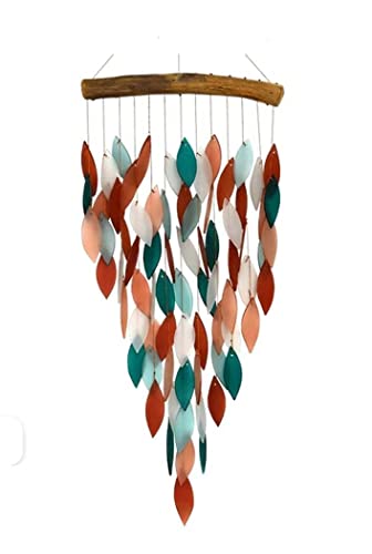 Blue Handworks Deluxe Coral & Teal Waterfall & Driftwood Chime, Sandblasted Glass and Found Wood Handcrafted Wind Chime