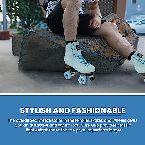 Sure-Grip Boardwalk Unisex Outdoor Roller Skates Material of Leather, Rubber, Suede & Aluminum Trucks | Comfortable, Extra Long Laces - Suitable for Beginners (Sea Breeze, Mens 9 / Womens 10)