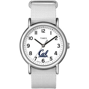 timex tribute women's collegiate weekender 38mm watch – california golden bears with white fabric slip-thru strap