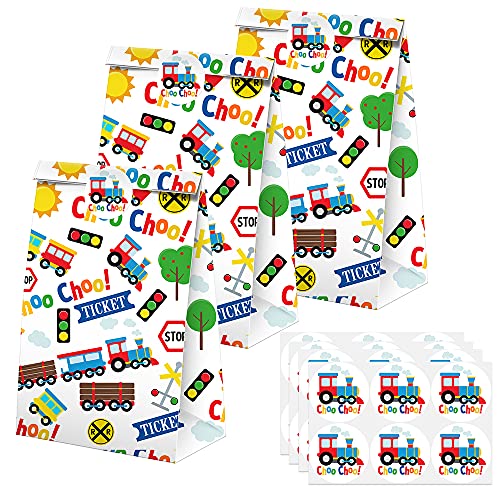 Train Party Favors Candy Bags with Stickers - Train Goodie Gift Treat Bags - Train Themed Birthday Party Supplies